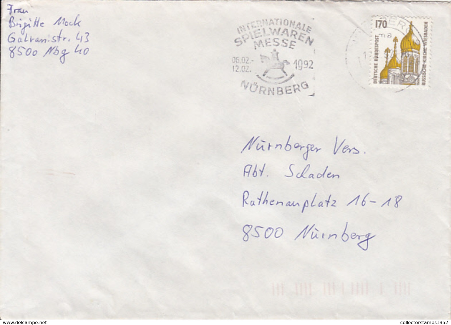 84009- RUSSIAN CHURCH STAMPS ON COVER, NURNBERG TOYS FESTIVAL SPECIAL POSTMARK, 1992, GERMANY - Covers & Documents