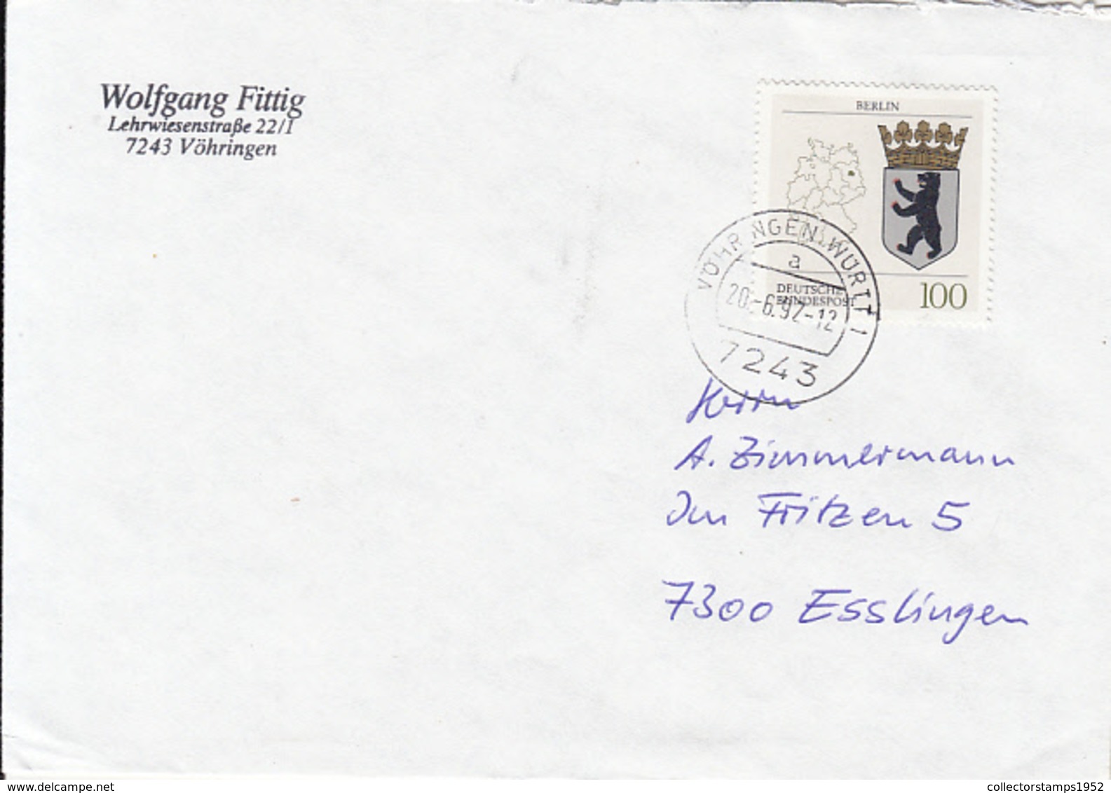 84031- BERLIN COAT OF ARMS STAMPS ON COVER, 1992, GERMANY - Storia Postale