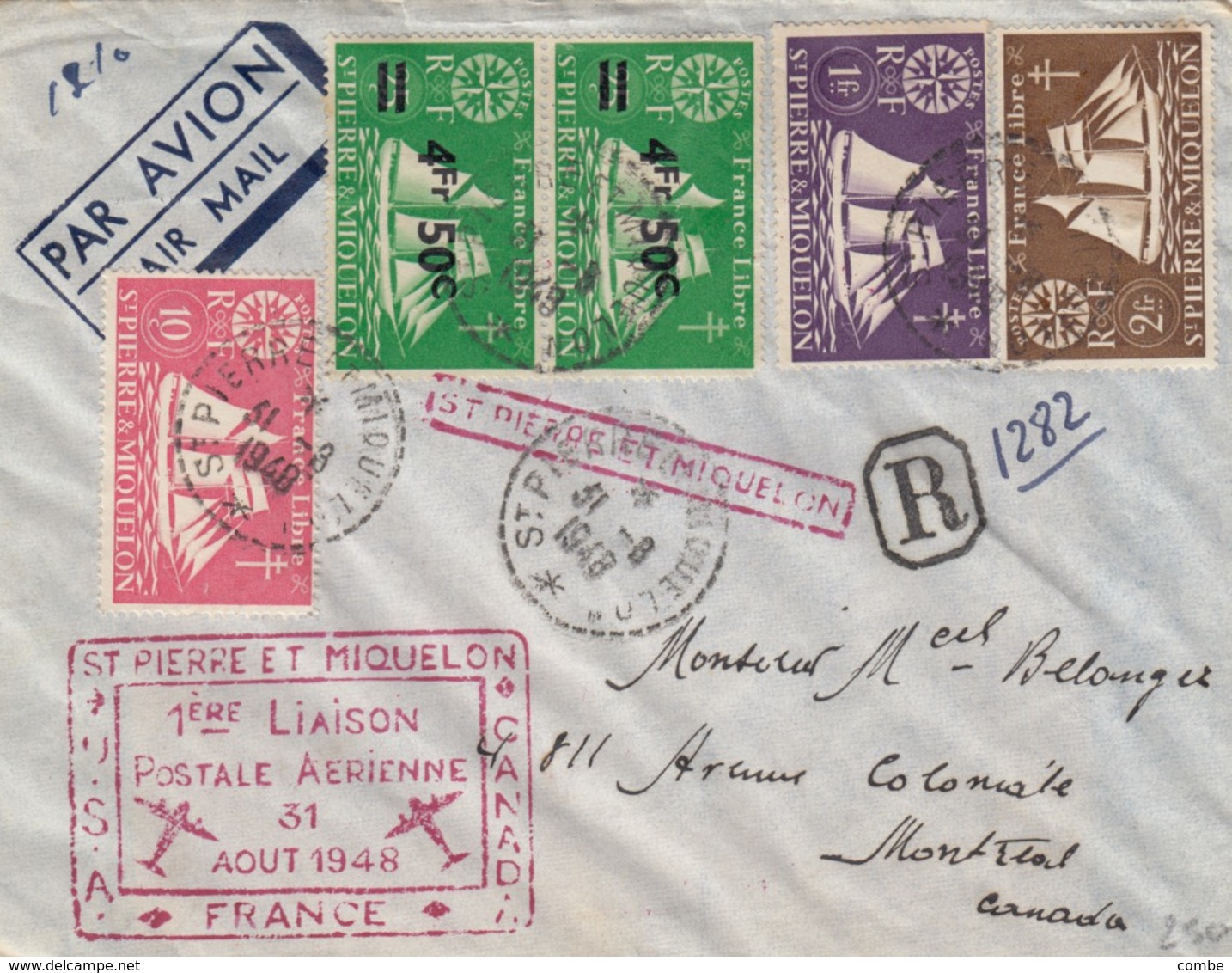 LETTRE. ST PIERRE-ET-MIQUELON. 1948. 1° LIAISON POSTE AERIENNE ST PIERRE-USA-CANADA . RECOMMANDE DE ST PIERRE MON  /   2 - Storia Postale