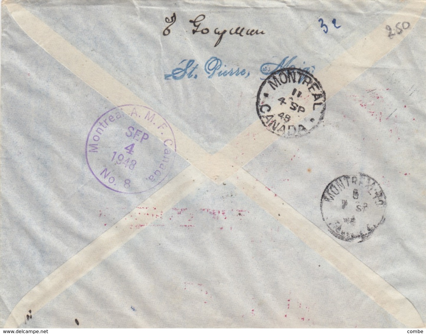 LETTRE. ST PIERRE-ET-MIQUELON. 1948. 1° LIAISON POSTE AERIENNE ST PIERRE-USA-CANADA . RECOMMANDE DE ST PIERRE MON  /   2 - Covers & Documents