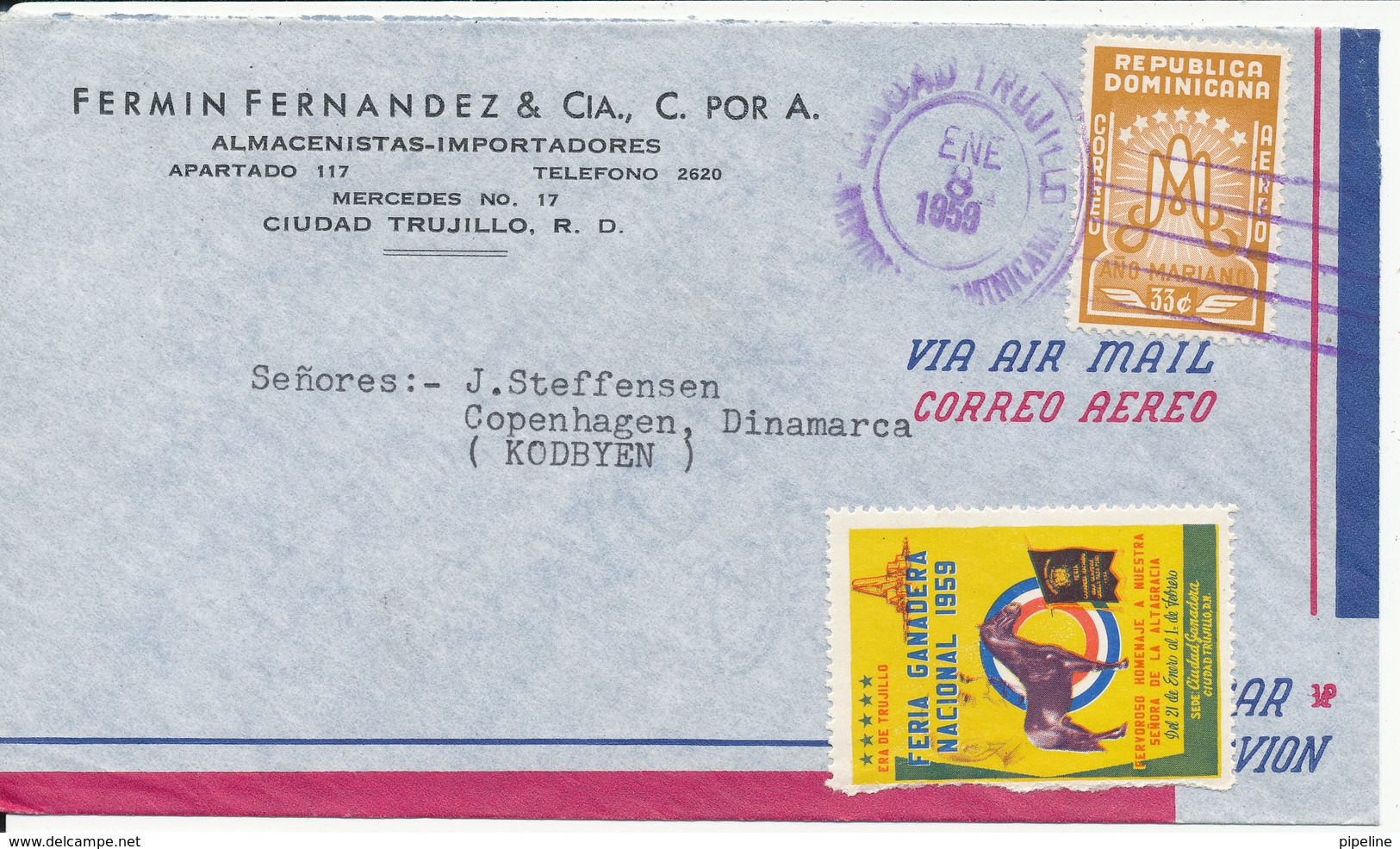 Dominican Air Mail Cover Sent To Denmark Ciudad Trujillo 8-1-1959 Single Stamped - Dominican Republic