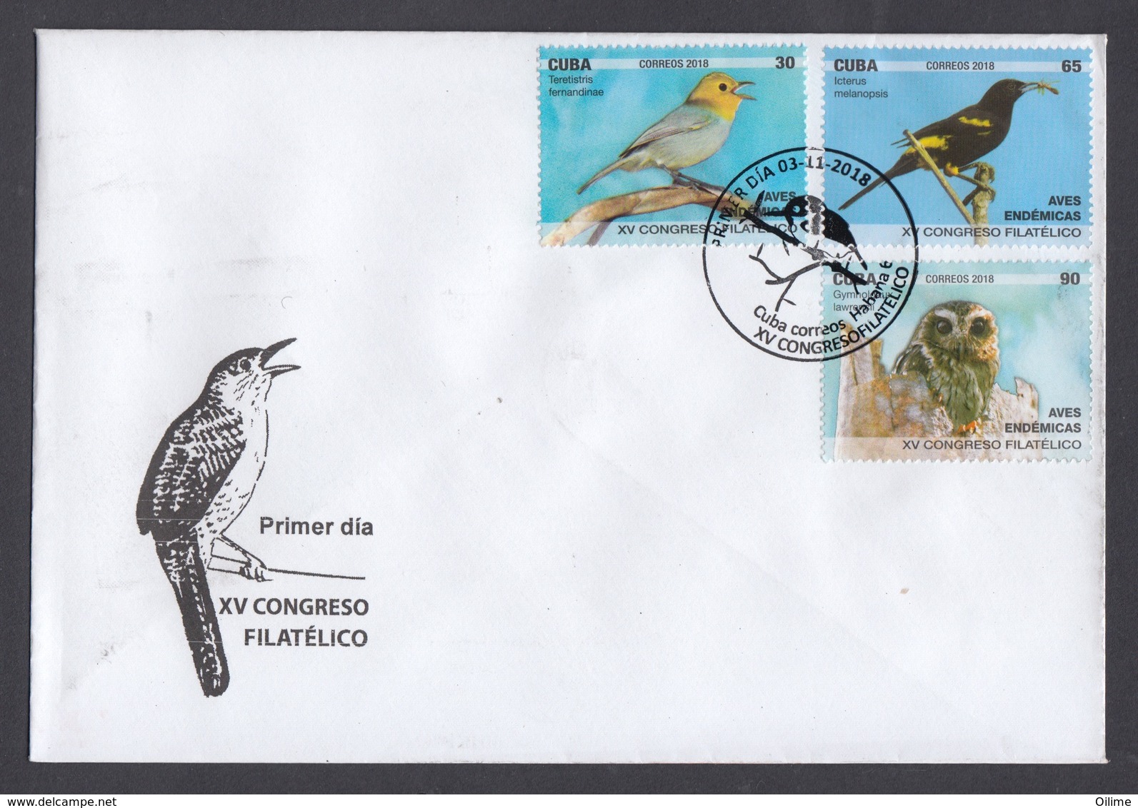 FDC AVES. XV CONGRESP FILATÉLICO. CUBA 2018 - FDC