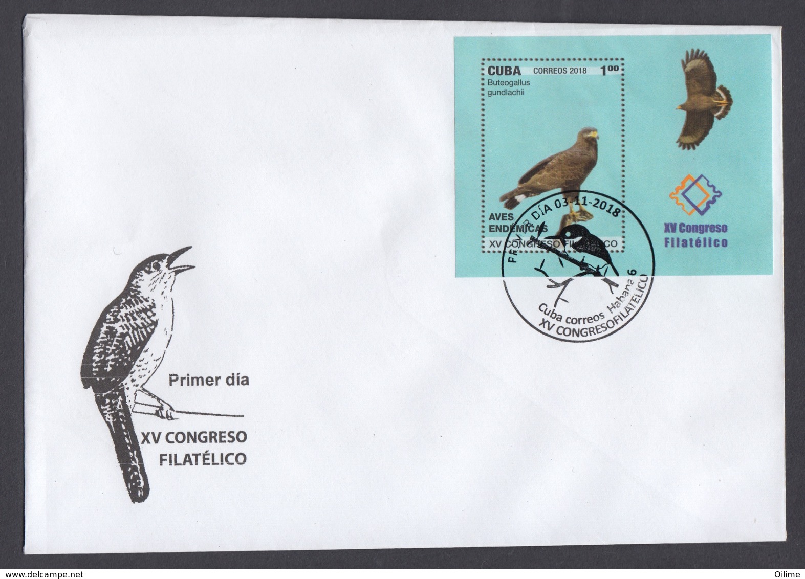 FDC AVES. XV CONGRESP FILATÉLICO. CUBA 2018 - FDC