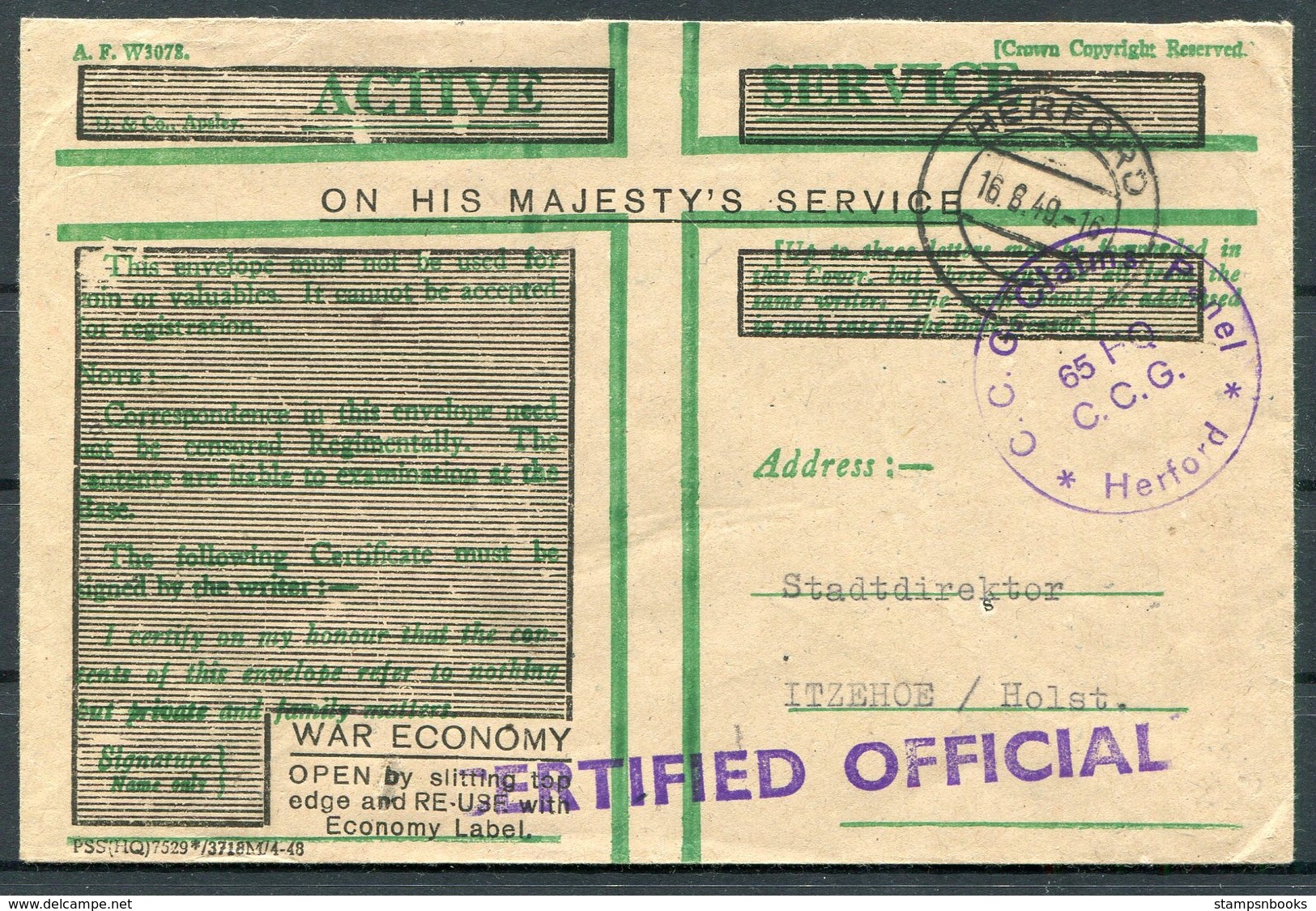 1949 Germany British Active Service Green OHMS Cover. Herford C.C.G. Claims Panel Denazification - Itzehoe Holstein. - Covers & Documents