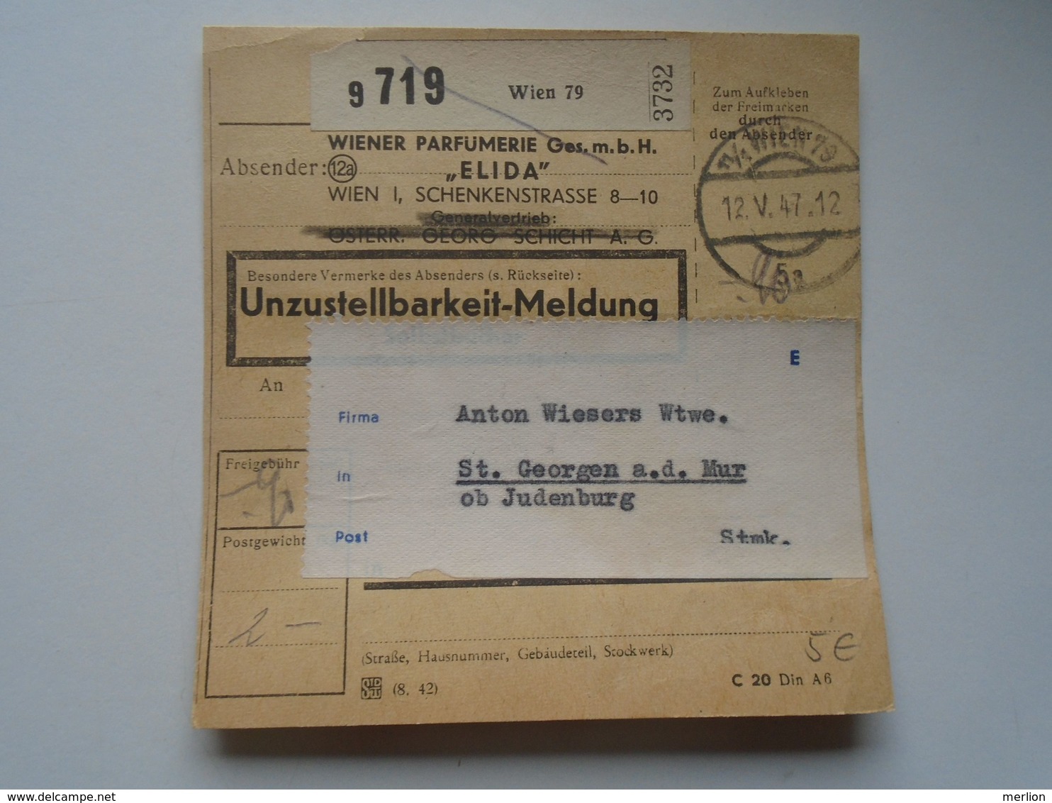 ZA244.2 Austria Unzustellbarkeit-Meldung -Undeliverable -Wiener Parfumerie ELIDA -to St.Georgen A.d. Mur Ob Judenburg - Other & Unclassified
