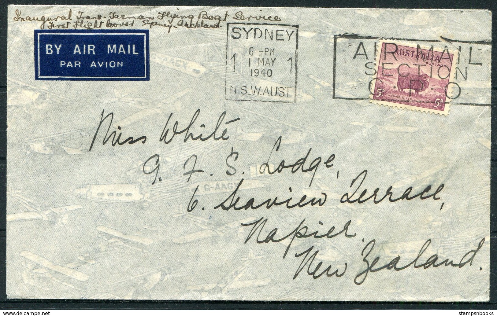 1940 Australia First Flight Sydney - Auckland, Flying Boat Service Cover - Napier New Zealand. - Covers & Documents