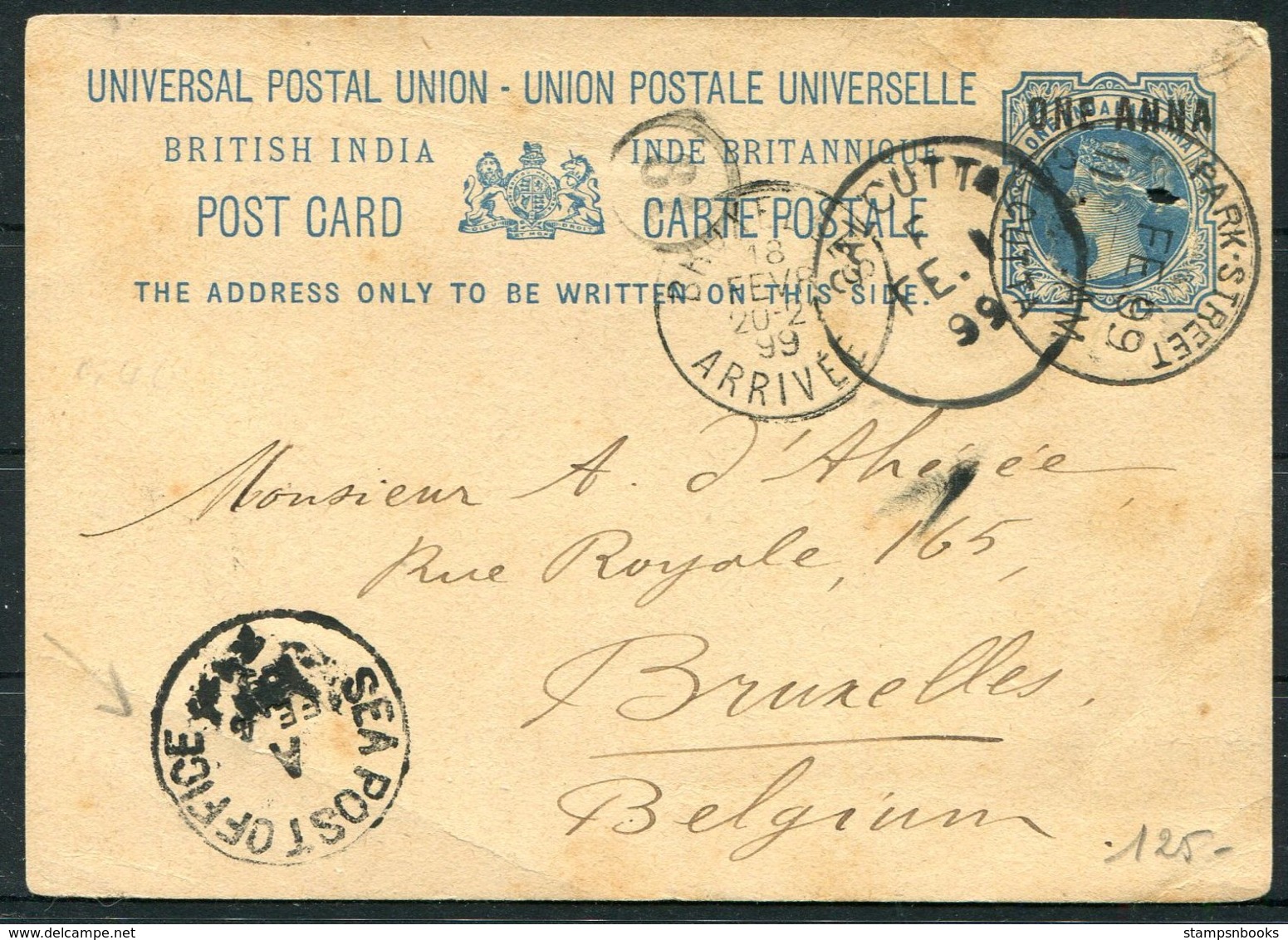 1899 India Stationery Postcard, Calcutta Park Street - Bruxelles Belgium Via Sea Post Office. - 1882-1901 Empire