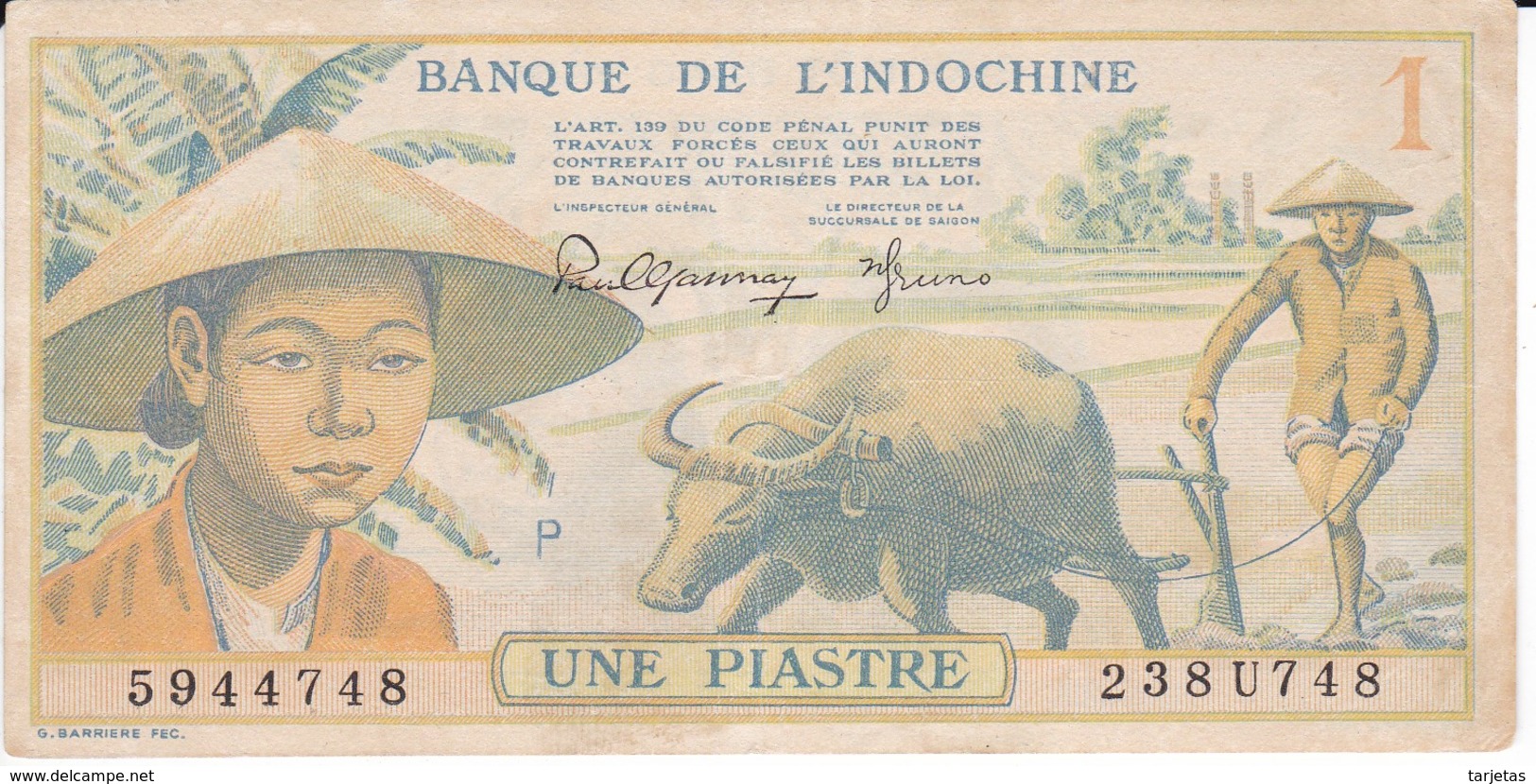 BILLETE DE INDOCHINE DE 1 PIASTRE DEL AÑO 1949 EN CALIDAD EBC (XF)  (BANKNOTE) BANQUE DE L'INDOCHINE - Indochina