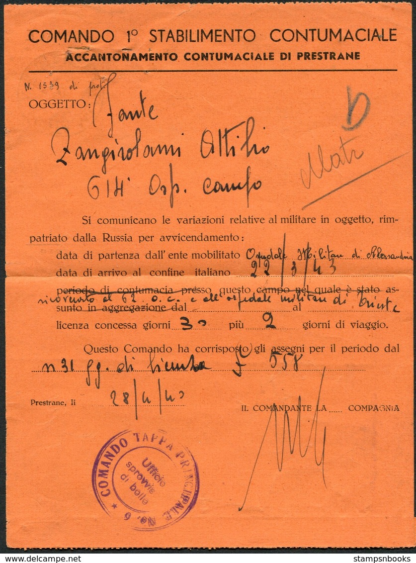 1943 Italy Fieldpost Posta Militaire 10 SEZ. B. Comando 1 Stabilimento Contumaciale - Marcophilia