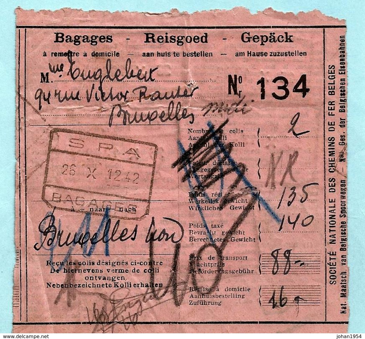 3-talig Bagagedocument, Spoorwegafst. SPA / BAGAGES 26/10/1942 - Altri & Non Classificati