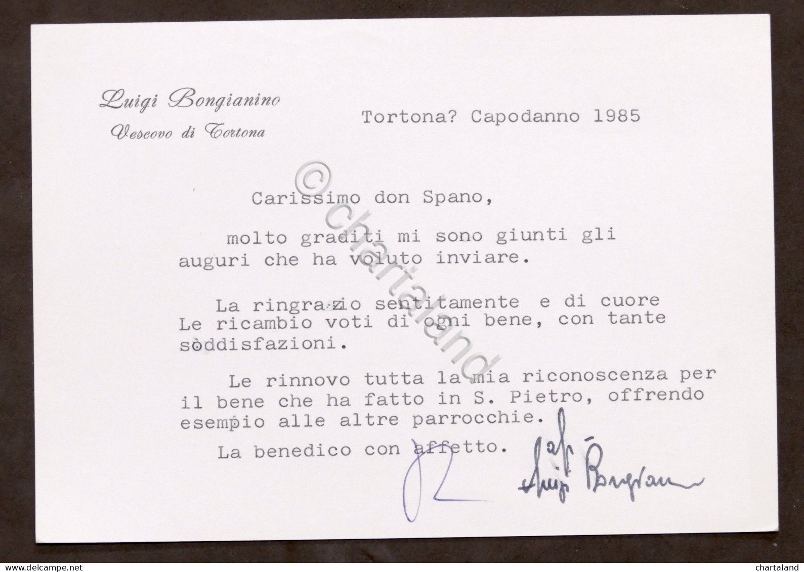 Autografo Vescovo Di Tortona Luigi Bongianino Su Biglietto Augurale - 1985 - Altri & Non Classificati