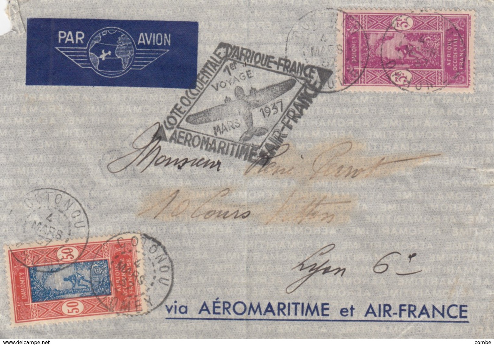 LETTRE. DAHOMEY. 1937. VOL COTE OCCIDENTALE AFRIQUE MAROC AIR FRANCE. AEROMARITIME. COTONOU POUR LYON /   2 - Briefe U. Dokumente