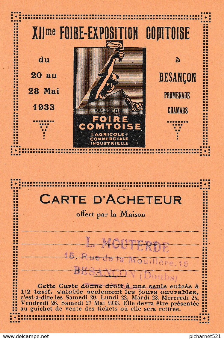 Besançon - 12ème Foire-Exposition Comtoise De 1923. Carte D'acheteur Offerte Par Ets L.Mouterde. TB état. - Besancon
