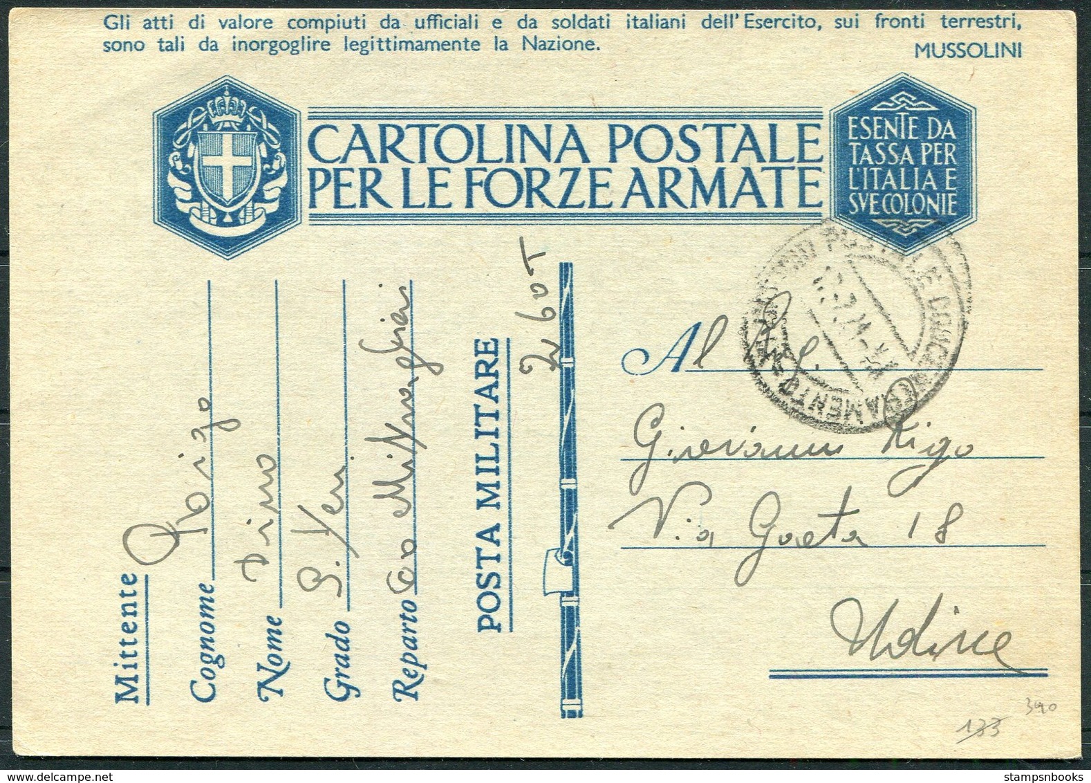 1941 Italy Cartolina Postale Per Le Forze Armate, Stationery Postcard. Post Militare 60 - Udine - Marcophilia