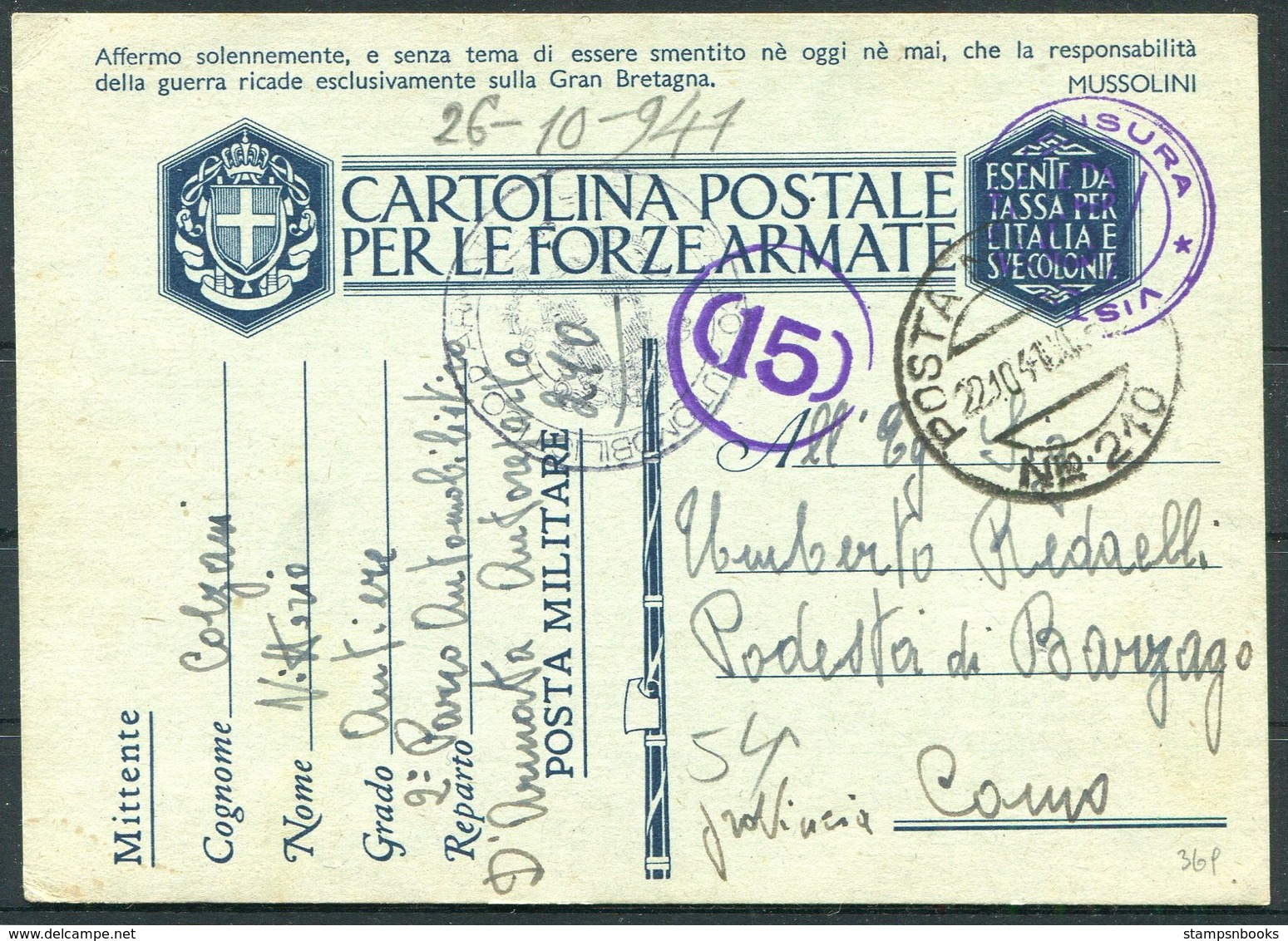 1941 Italy Cartolina Postale Per Le Forze Armate, Stationery Postcard. Post Militare 210 Censura - Como. Automobil - Marcophilia