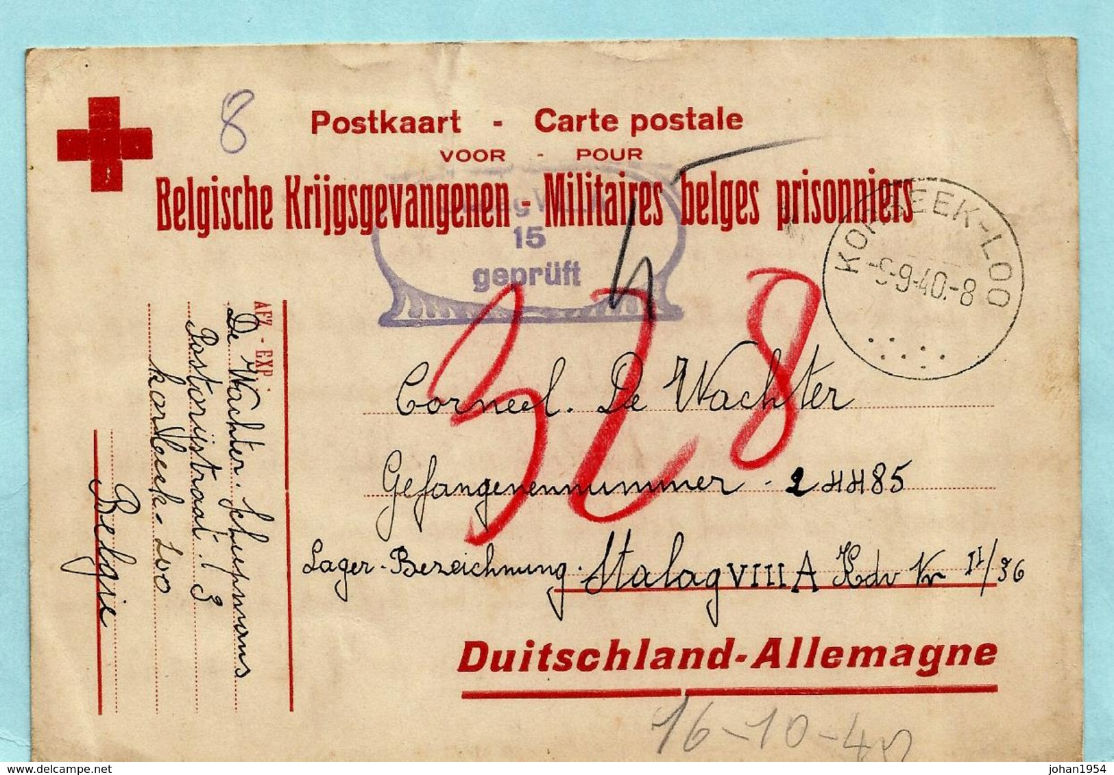 Postkaart Belgische Krijgsgevangenen, Afst. KORBEEK-LOO 09/09/1940 Naar STALAG VIII A, Ontvangen 16/10/1940 + Censuur - Guerre 40-45 (Lettres & Documents)