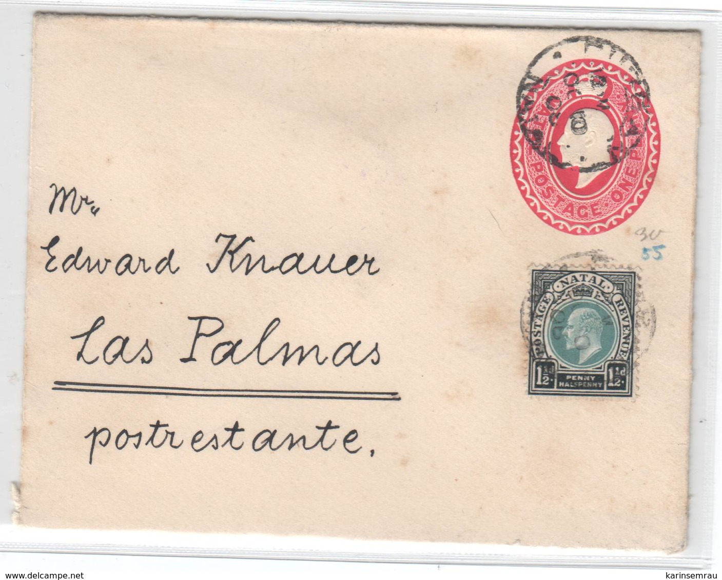 NATAL 1906 , Ganzsachenumschlag Nach Las Palmas , Poste Restante - Sonstige & Ohne Zuordnung