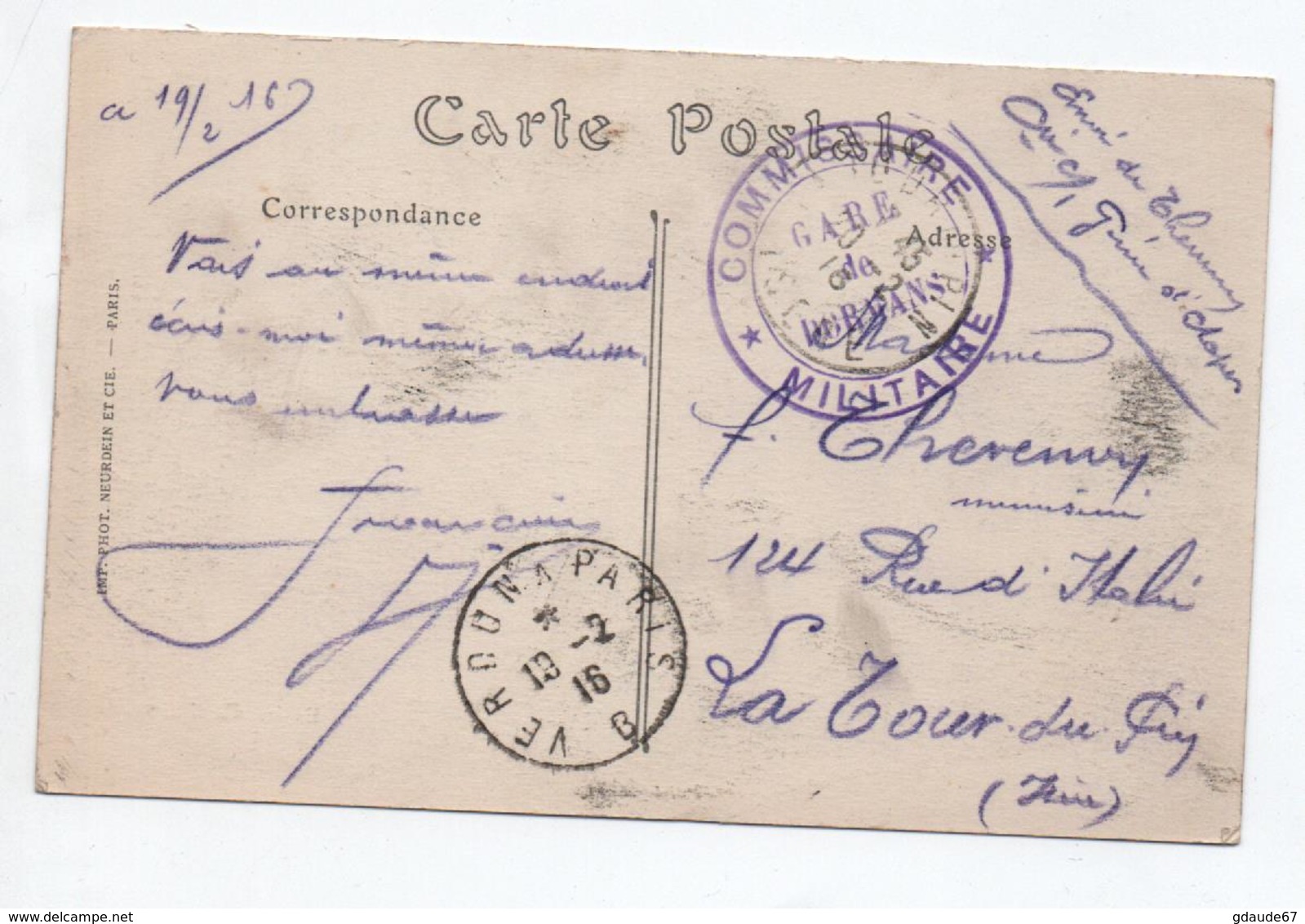 1916 - CP FM Avec CACHET MILITAIRE "GARE DE DORMANS" (MARNE) - WW I
