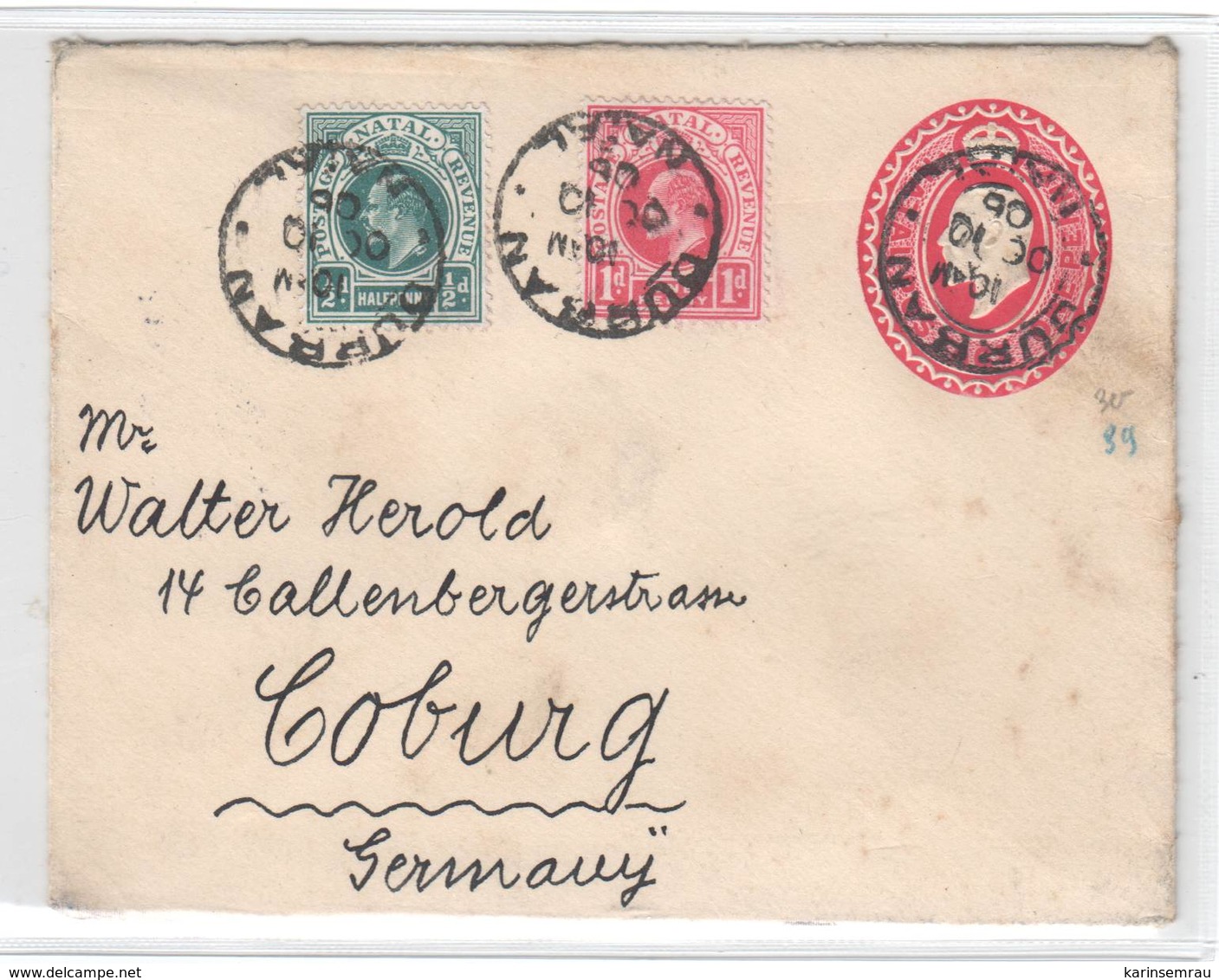 NATAL 1906 , Ganzsachenumschlag Von Durban Nach Coburg - Other & Unclassified