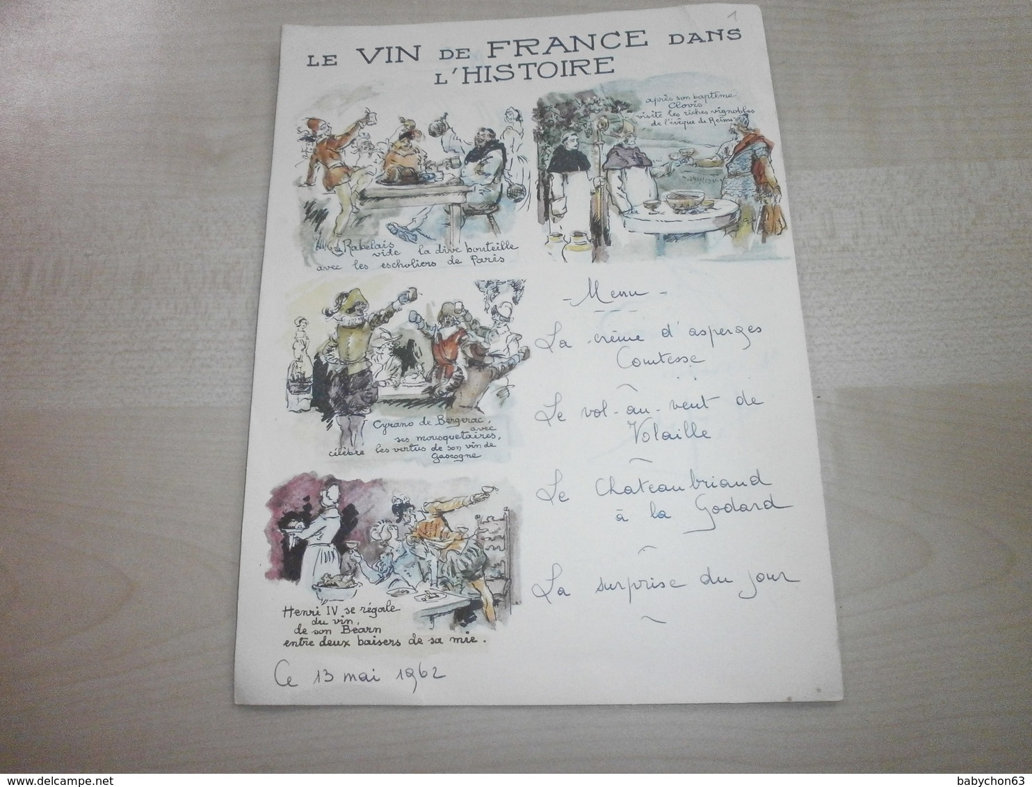 Ancien Menu 1962 LE VIN DE FRANCE DANS L'HISTOIRE - Menükarten