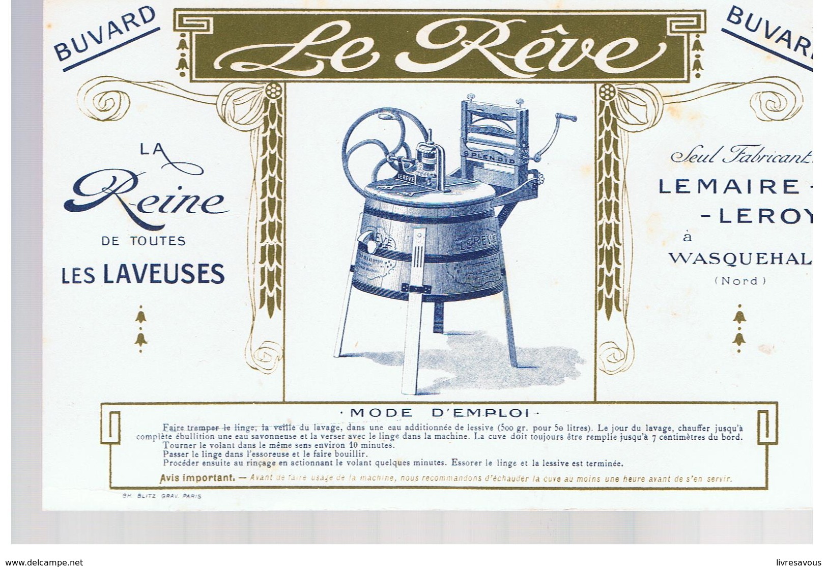 Buvard Le Rêve La Reine De Toutes Les Laveuses LEMAIRE-LEROY Seul Fabricant à WASQUEHAL (Nord) - Produits Ménagers