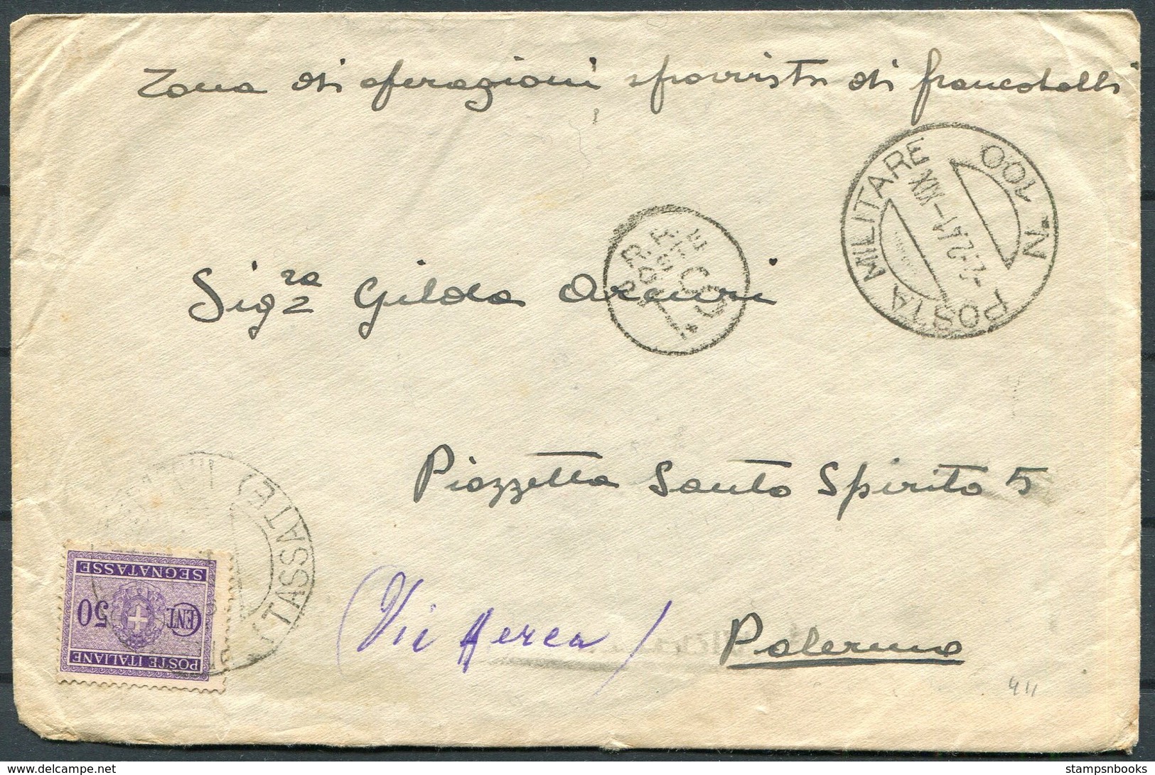 1941 Italy Post Militare 100 FPO Cover - Palermo. Taxed Taxe, Postage Due - Marcophilia