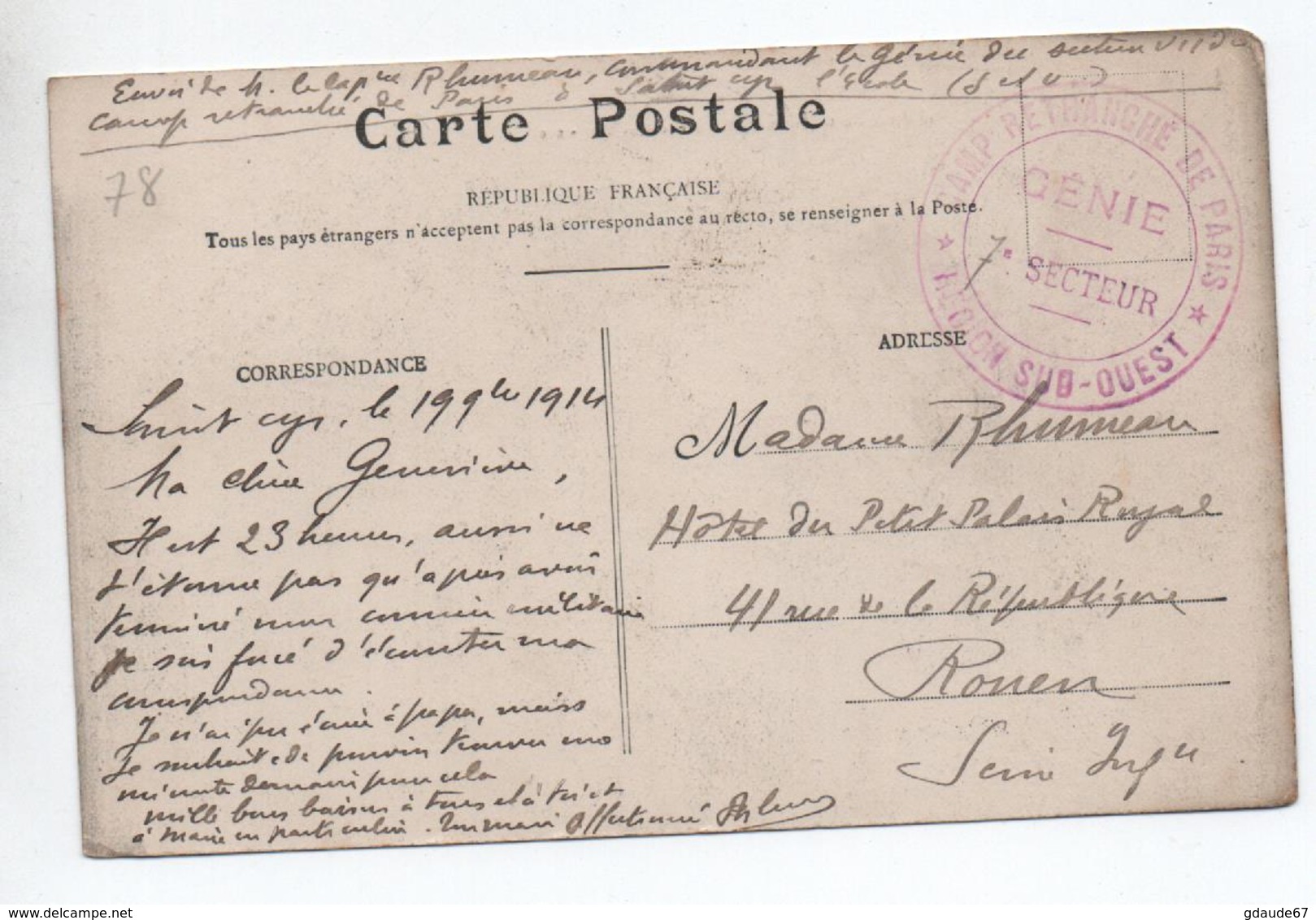 1914 - CP FM Avec CACHET MILITAIRE "CAMP RETRANCHE DE PARIS / REGION SUD OUEST" - WW I