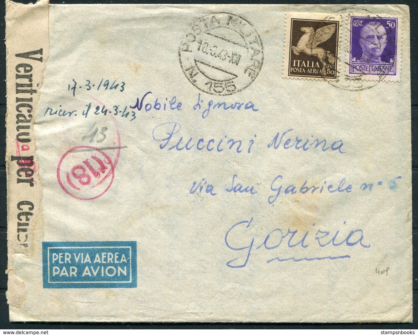 1943 Italy Post Militare 155 FPO Airmail Censor Cover - Marcophilia