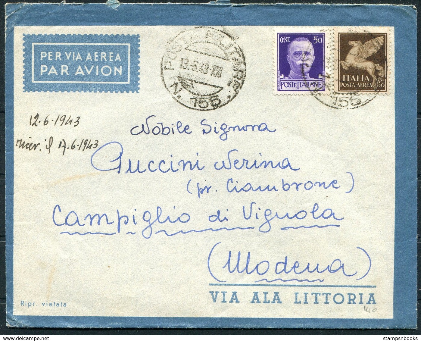 1943 Italy Post Militare 155 FPO Airmail Cover - Modena - Marcophilia