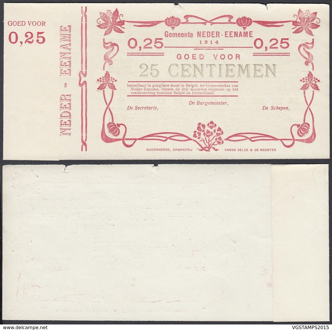 BELGIQUE 1914 BILLET DE NECESSITE DE AUDENAERDE 25 C EN ROUGE (DD) DC-5015 - Autres & Non Classés