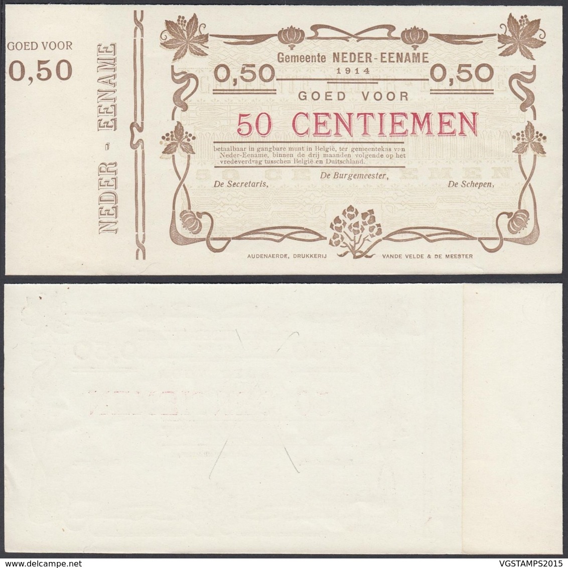 BELGIQUE 1914 BILLET DE NECESSITE DE AUDENAERDE 50 C EN BRUN (DD) DC-5016 - Autres & Non Classés