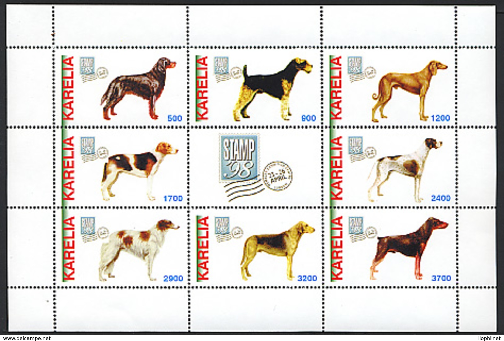 CARELIE KARELIA 1998, CHIENS / DOGS, Feuillet De 8 Valeurs, NEUFS / MINT. R1090 - Vignettes De Fantaisie