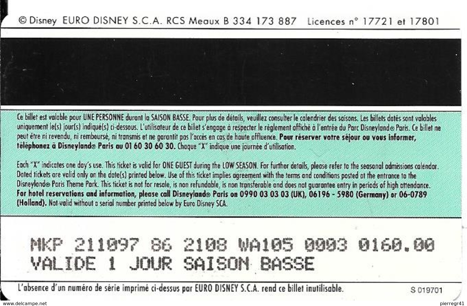 PASS--DISNEY-DISNEYLAND PARIS-1997-POCAHONTAS-V° Speos N°S 019701 En Bas A Droite-Valide 1 Jour Saison Basse-TBE - Disney-Pässe