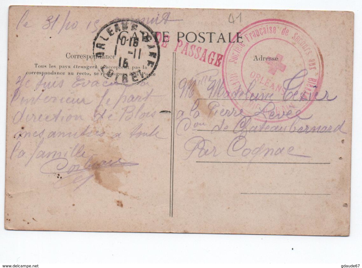 1915 - CP FM Avec CACHET MILITAIRE "INFIRMERIE DE GARE / ORLEANS" (LOIRET) - WW I