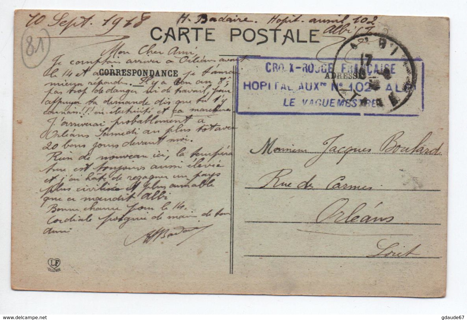 1918 - CP FM Avec CACHET MILITAIRE "HOPITAL AUXILIAIRE N° 102 ALBI" (TARN) - CROIX ROUGE FRANCAISE - WW I