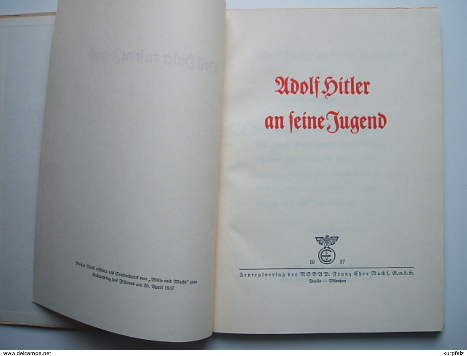 Adolf Hitler An Seine Jugend, Zentralverlag Der NSDAP 1937, Vorwort Baldur Von Schirach - Deutsch