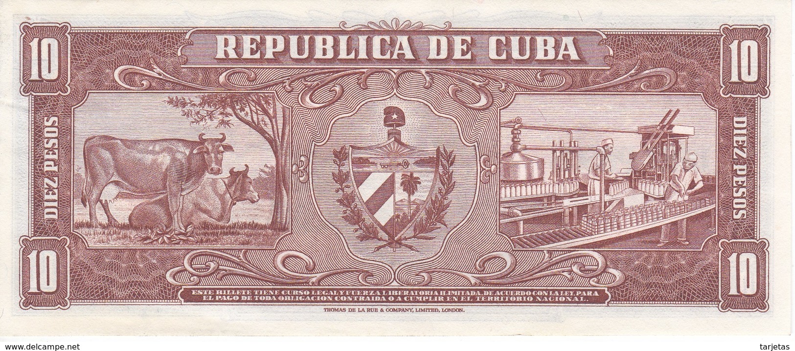 BILLETE DE CUBA DE 10 PESOS DEL AÑO 1960 SIN CIRCULAR (BANKNOTE) UNCIRCULATED - Cuba