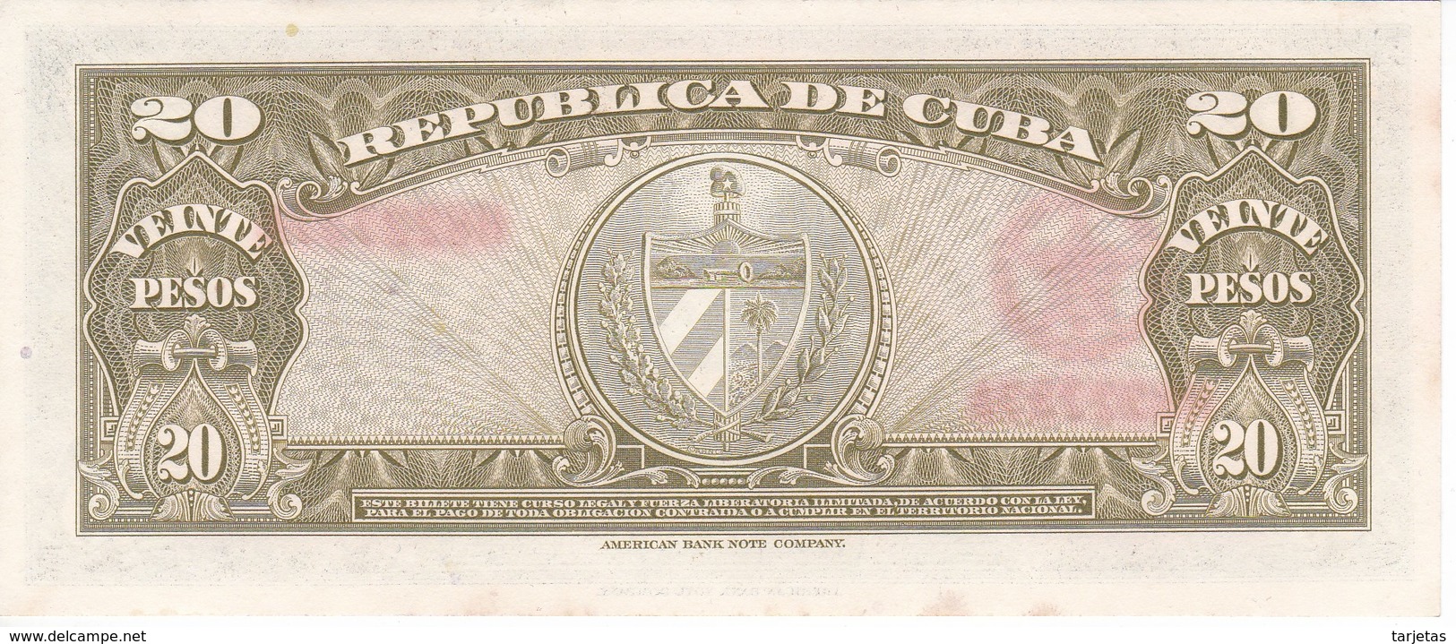 BILLETE DE CUBA DE 20 PESOS DEL AÑO 1958 SIN CIRCULAR (BANKNOTE) UNCIRCULATED - Cuba