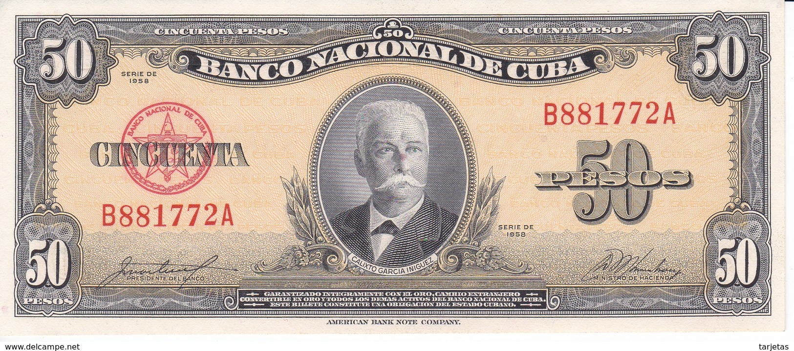 BILLETE DE CUBA DE 50 PESOS DEL AÑO 1958 SIN CIRCULAR (BANKNOTE) UNCIRCULATED - Cuba