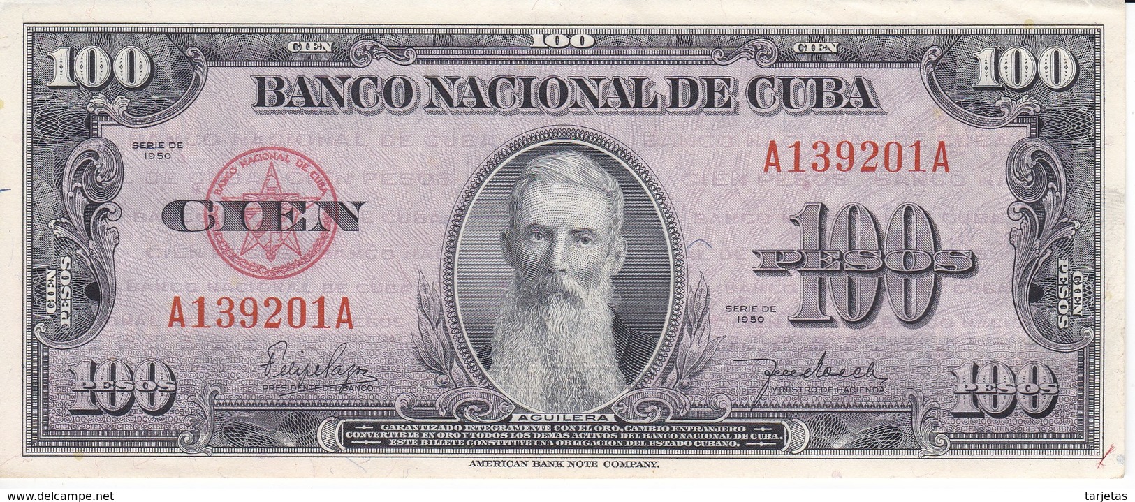 BILLETE DE CUBA DE 100 PESOS DEL AÑO 1950 SIN CIRCULAR (BANKNOTE) UNCIRCULATED - Cuba