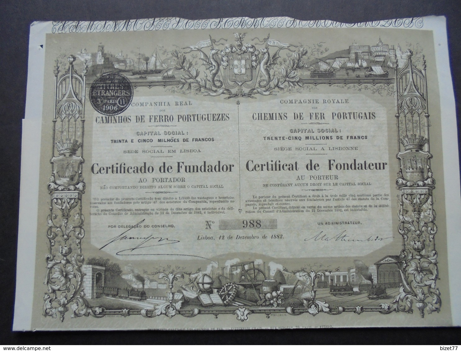 PORTUGAL - LISBOA 1882 - CIE ROYALE DES CHEMINS DE FER PORTUGAIS - CERTIFICAT DE FONDATEUR - BELLE ILLUSTRATION - Otros & Sin Clasificación