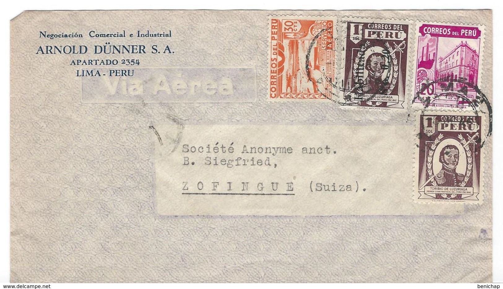 COVER CORREO AEREO PEROU - LIMA - ZOFINGUE - SUISSE. - Peru