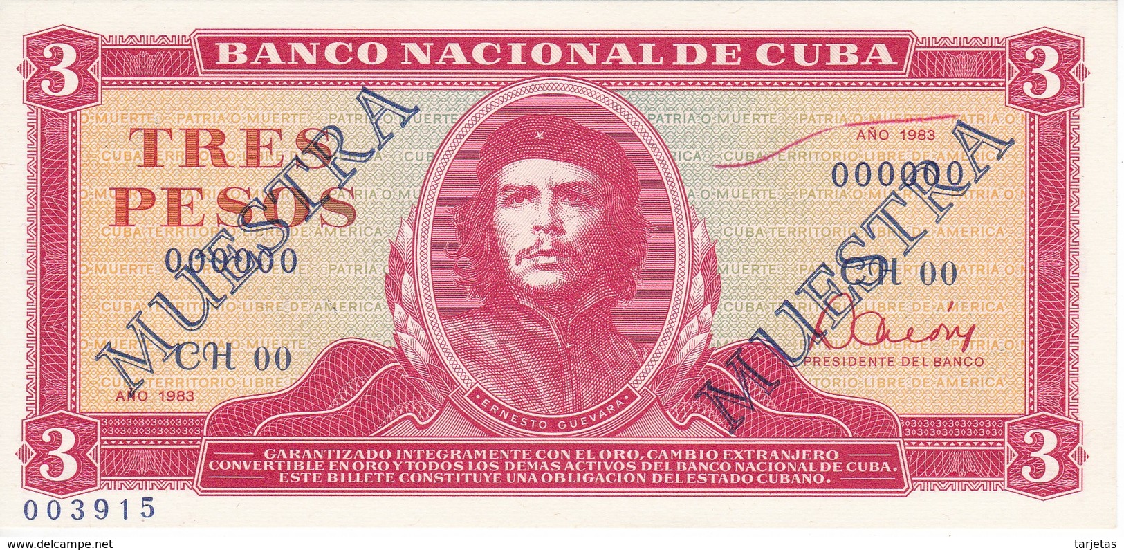 MUESTRA BILLETE DE CUBA DE 3 PESOS DEL AÑO 1983 DEL CHE GUEVARA (SPECIMEN)(BANKNOTE) SIN CIRCULAR-UNCIRCULATED - Cuba