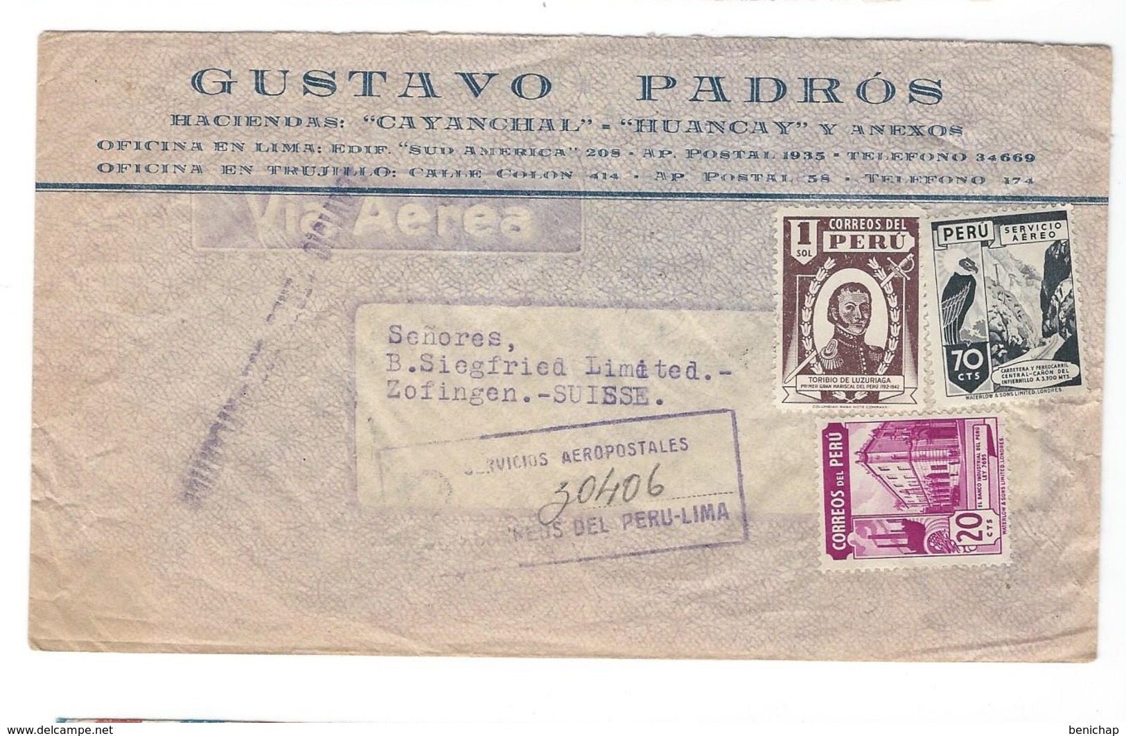 COVER CORREO AEREO PEROU - LIMA - ZOFINGEN - SUISSE - 1947. - Pérou