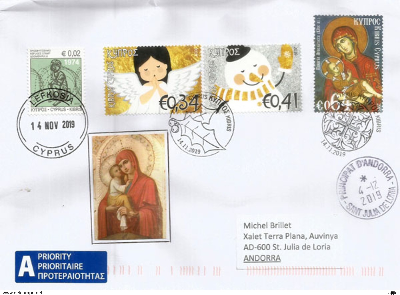 Christmas 2019, Cyprus, Letter Sent To Andorra,with Arrival Postmark - Lettres & Documents