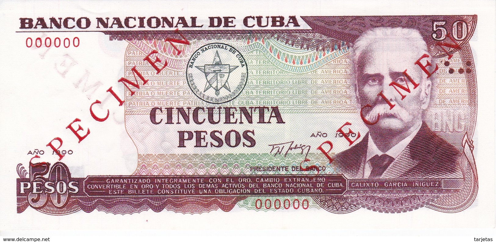 SPECIMEN BILLETE DE CUBA DE 50 PESOS DEL AÑO 1990 DE CALIXTO GARCIA  SIN CIRCULAR-UNCIRCULATED - Cuba