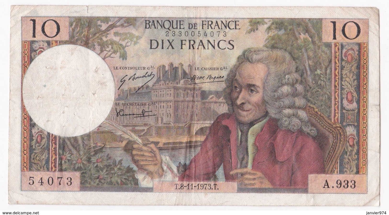 Billet 10 Francs Voltaire Du 8 – 11 - 1973. Alph. A.933 N° 54073. - 10 F 1963-1973 ''Voltaire''