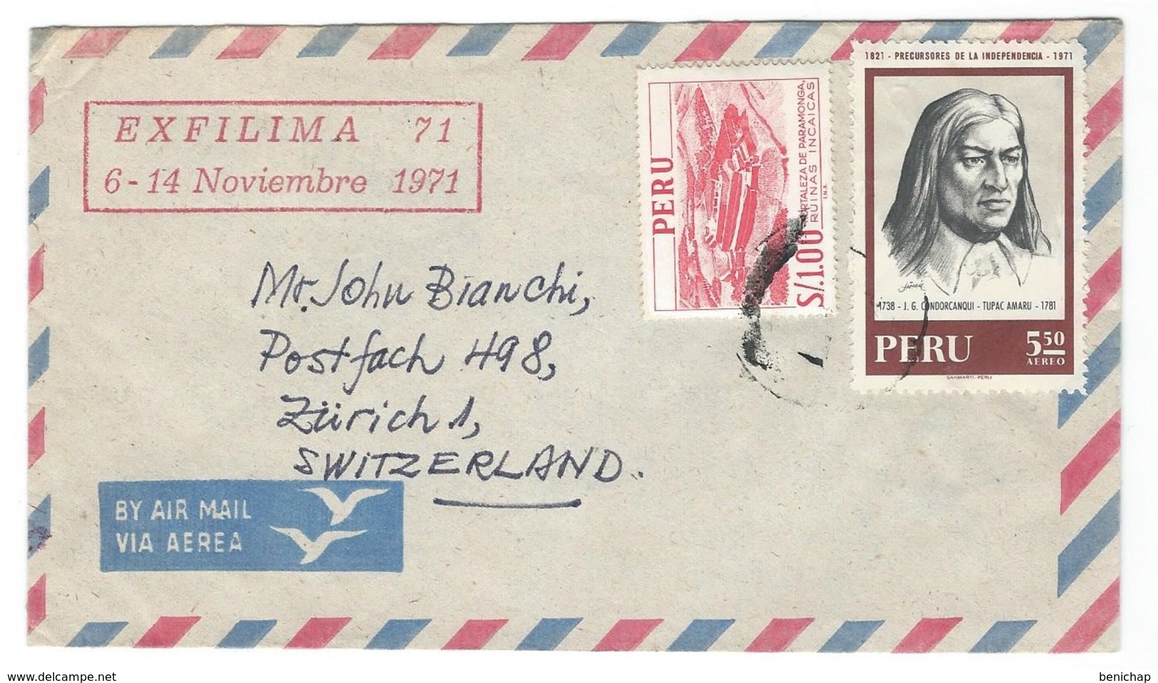 COVER CORREO AEREO PEROU - EXFILIMA 1971 - ZURICH - SWITZERLAND. - Pérou