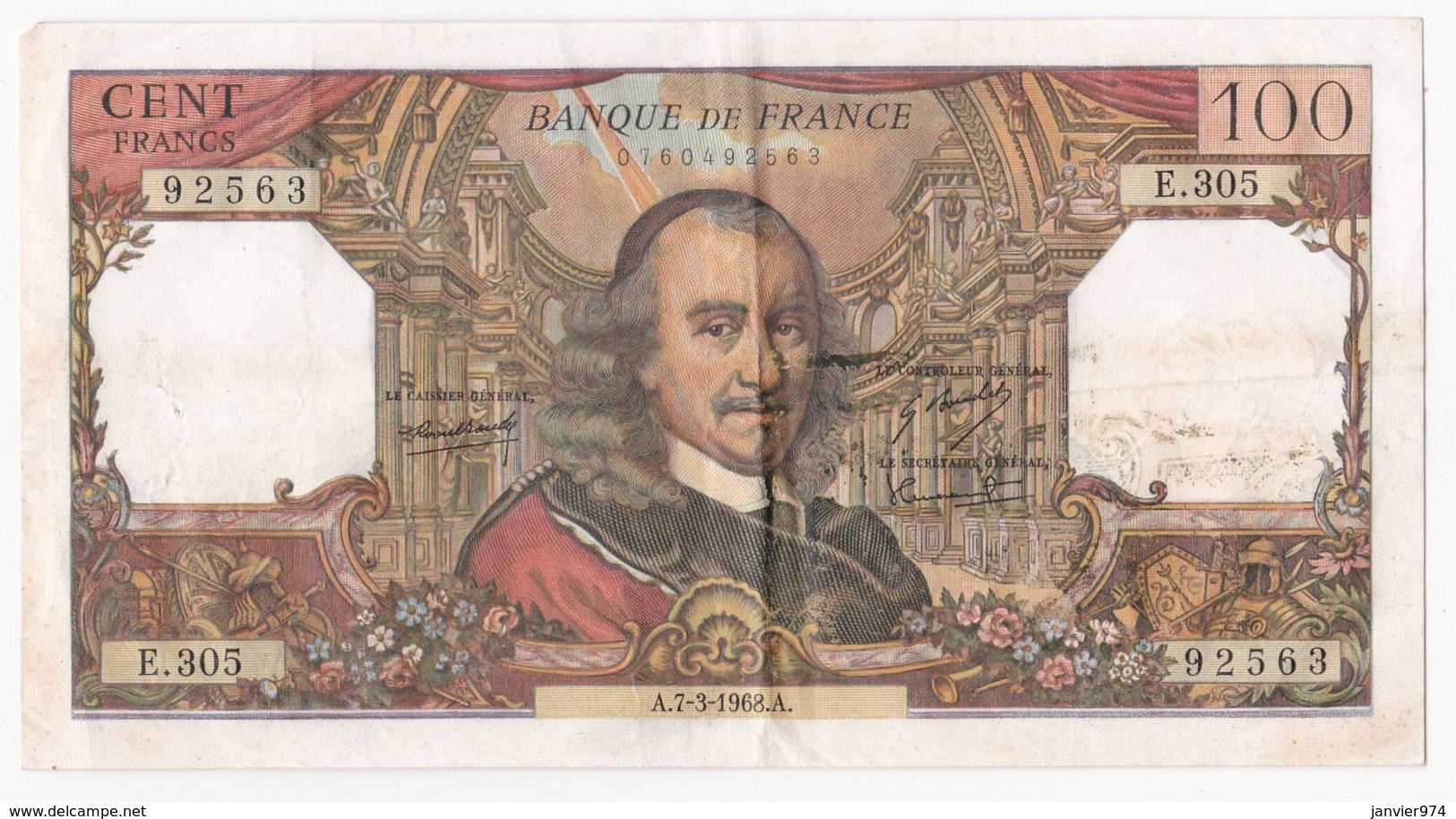 Billet 100 Francs Corneille Du 7 – 3 - 1968. Alph. E.305 N° 92563. - 100 F 1964-1979 ''Corneille''