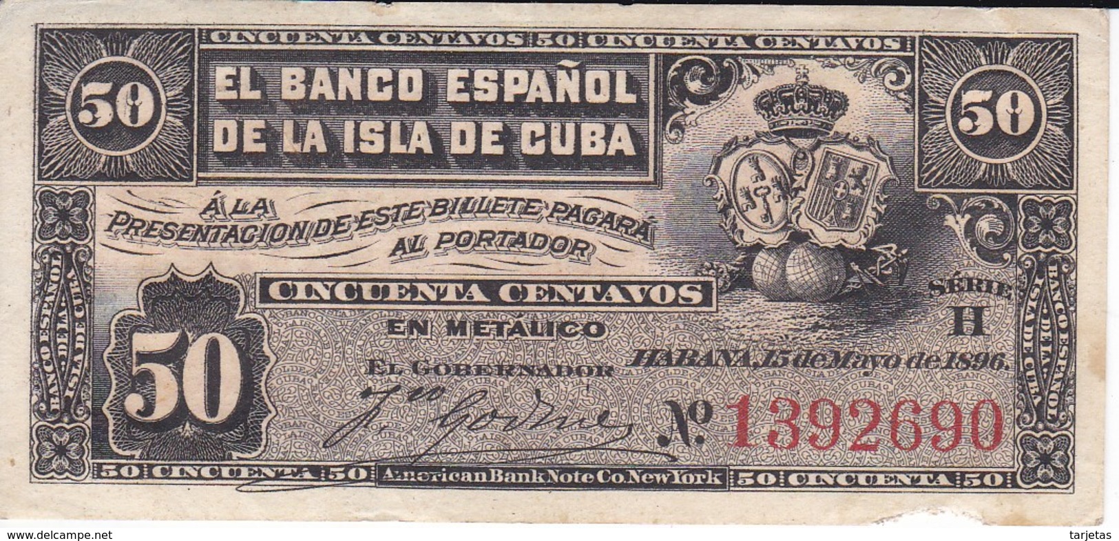 BILLETE DEL BANCO ESPAÑOL EN CUBA DE 50 CENTAVOS DEL AÑO 1896  (BANKNOTE) - Cuba